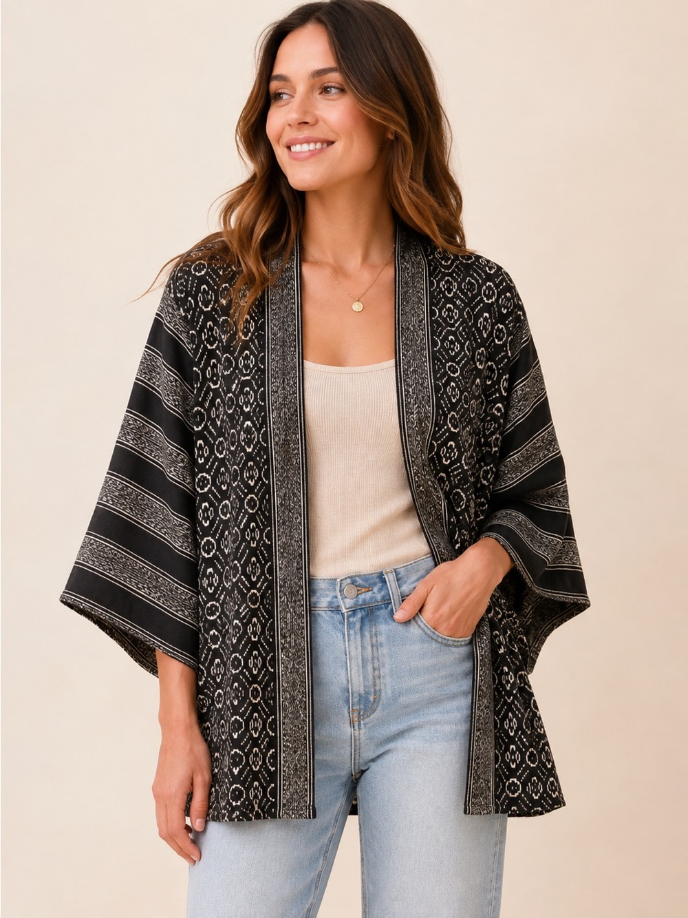 Chico's Silk Linen Kimono Cardigan Jacket Womens M/L Black Ivory Ikat Geometric